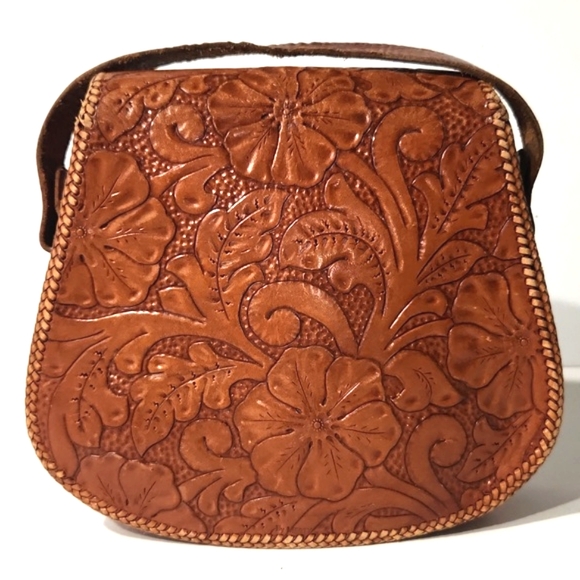 Vintage 50's Artisan Beautiful Hand Tooled Leather Handbag Purse - Picture 2 of 13